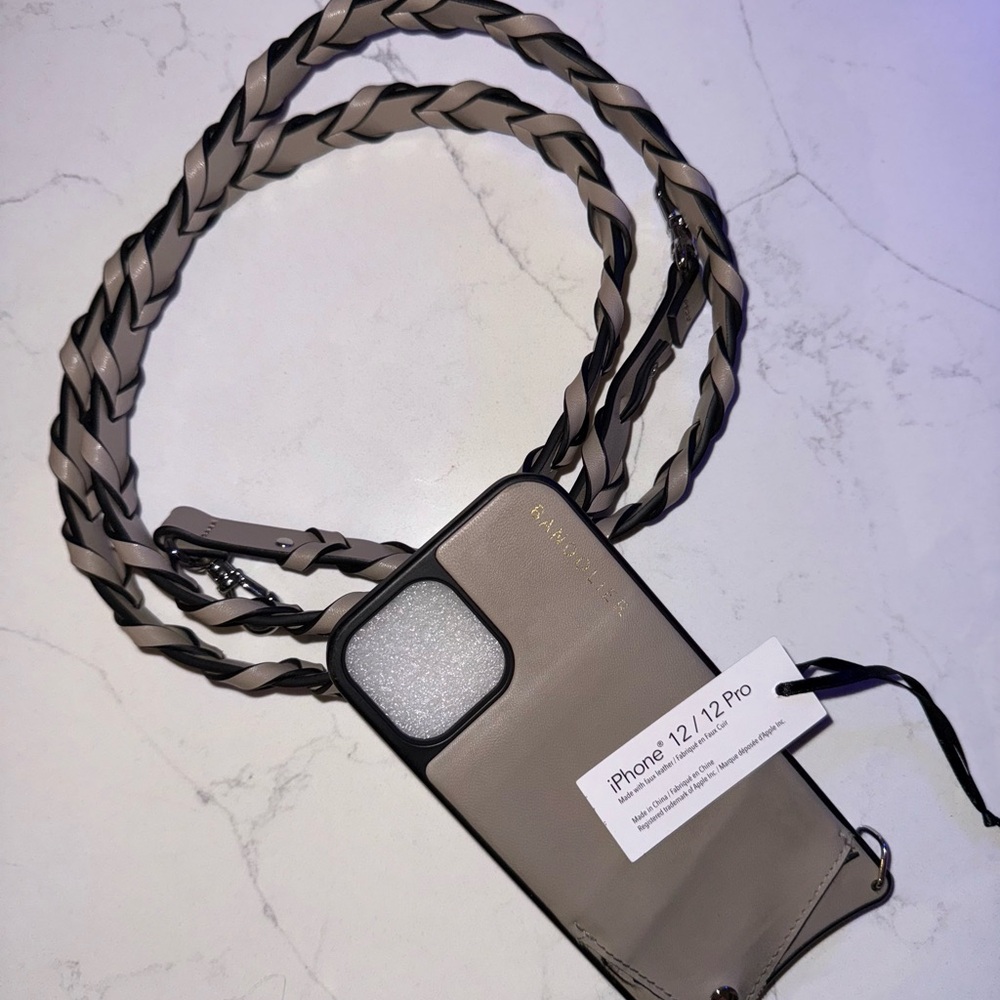 Bandolier Greige and Black Leather iPhone 12 and 12 Pro Case with Braided Strap